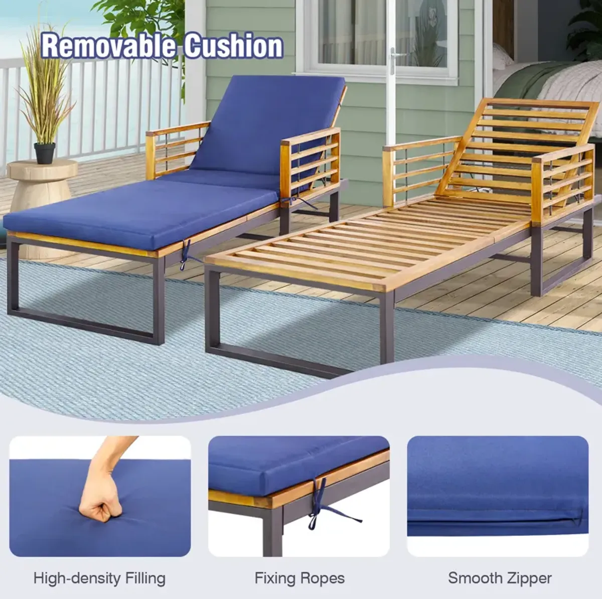 Adjustable Cushioned Patio Chaise Lounge Chair with 4-Level Backrest-Navy