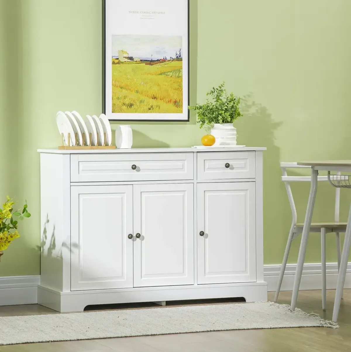 White Modern Buffet: Sideboard with Cupboards & Drawers