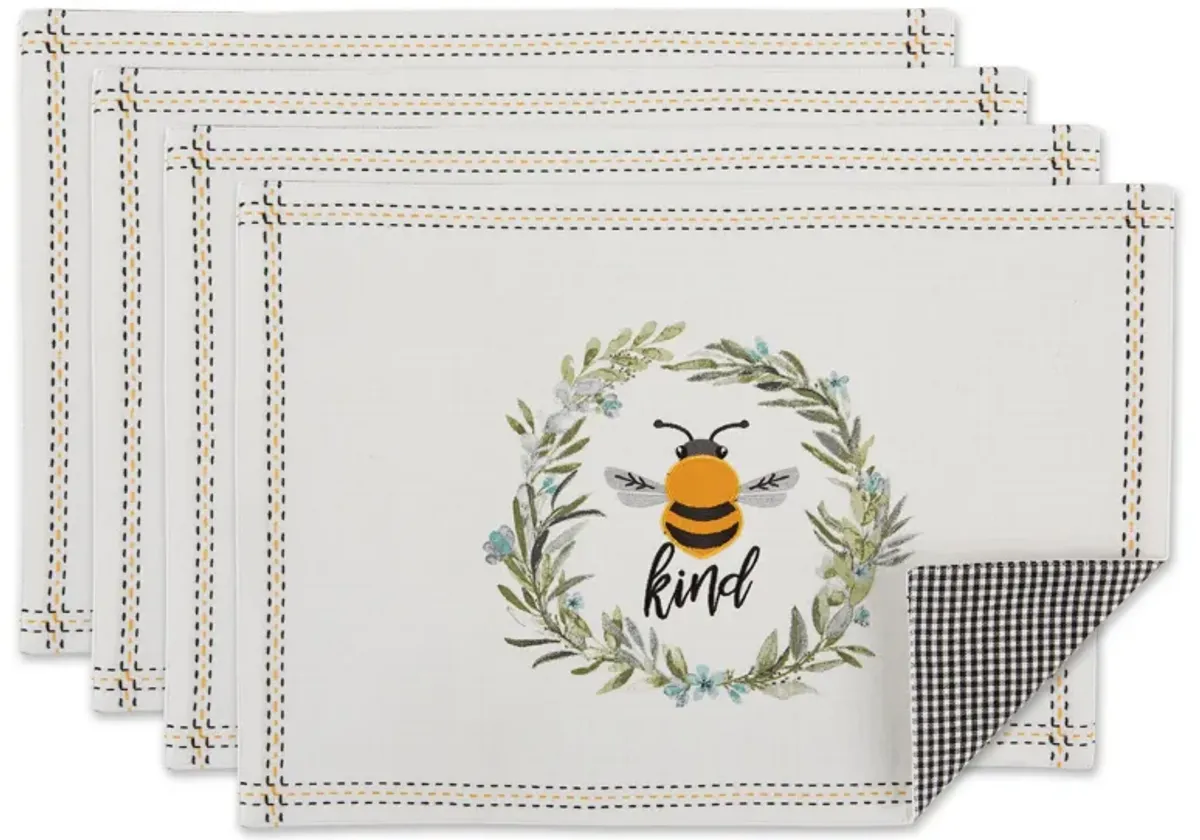 Set of 4 White and Yellow Bee Kind Reversible Embellished Placemat  9"