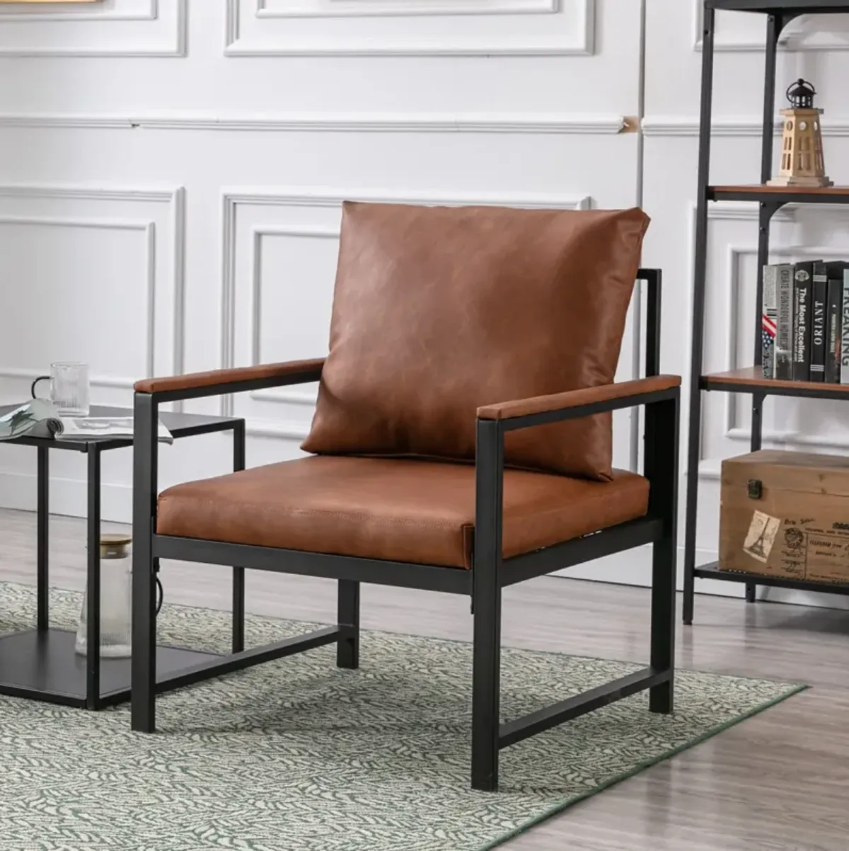 Modern PU Leather Accent Chair With Powder Coated Metal Frame, Single Sofa