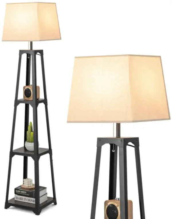 Hivvago Shelf Floor Lamp with Storage Shelves and Linen Lampshade