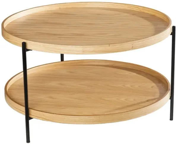 Hivvago 33 Inch  Natural and Black Wood and Metal Round Coffee Table