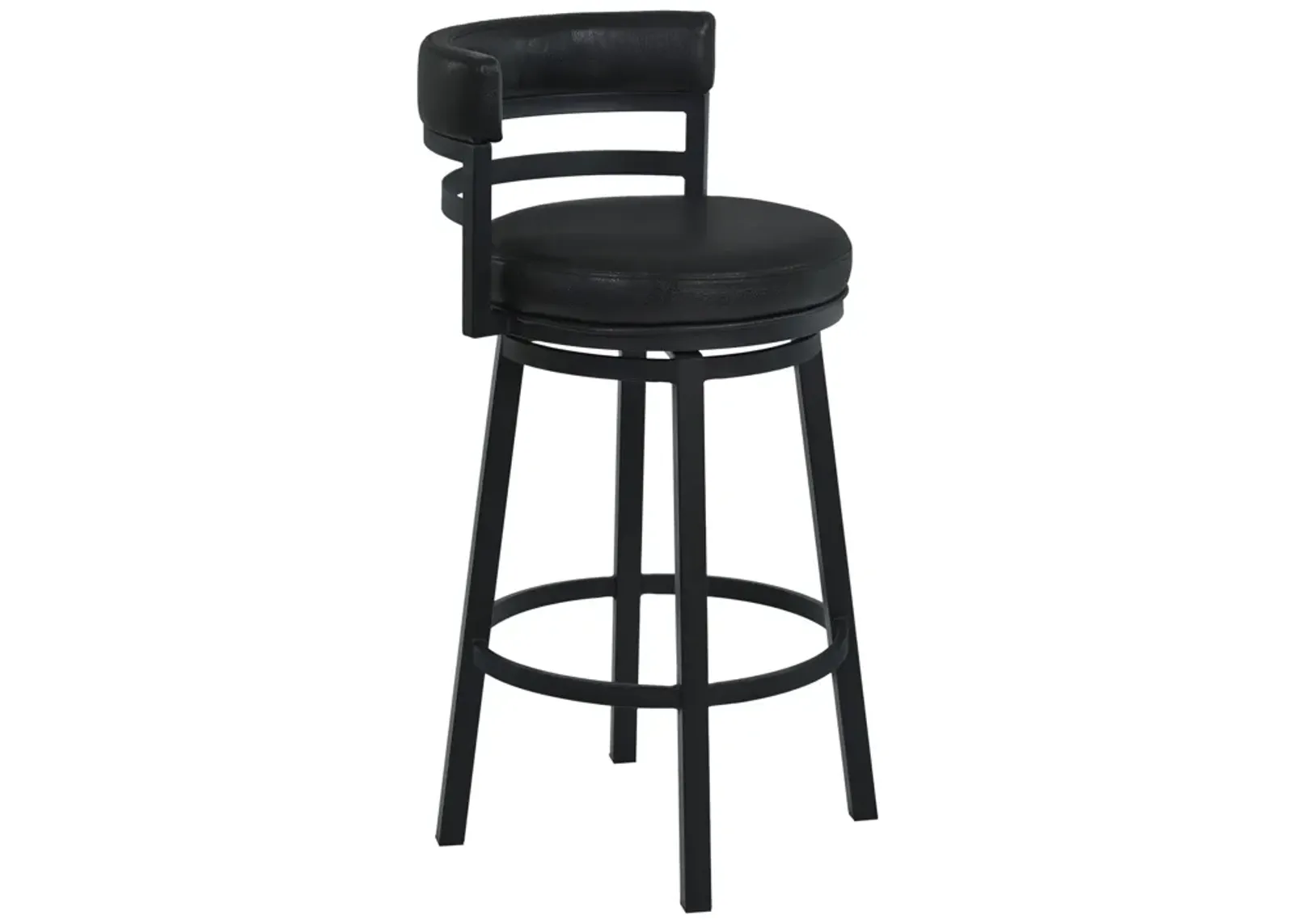 Eva 30 Inch Swivel Bar Stool Chair, Vegan Faux Leather, Curved Back, Black-Benzara