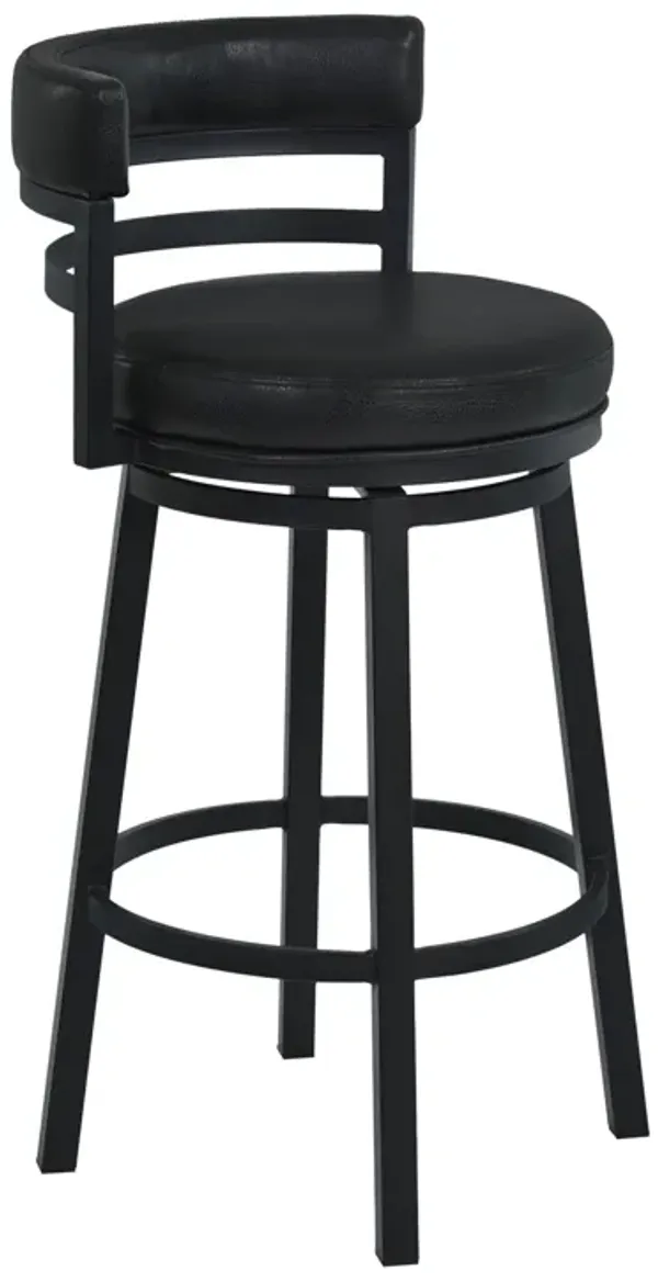 Eva 30 Inch Swivel Bar Stool Chair, Vegan Faux Leather, Curved Back, Black - Benzara