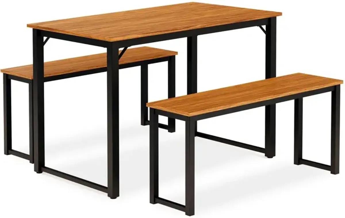 Parmer 3 Pc Kitchen Set - 1 Modern Dining Table and 2 Mid Century Benches in Powder Coating Black Color and Brown Wood Laminate