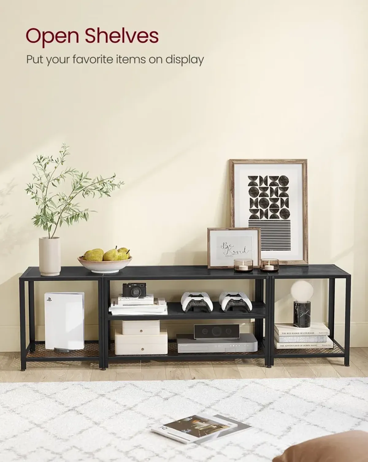 3-Tier TV Stand with Open Storage Shelves