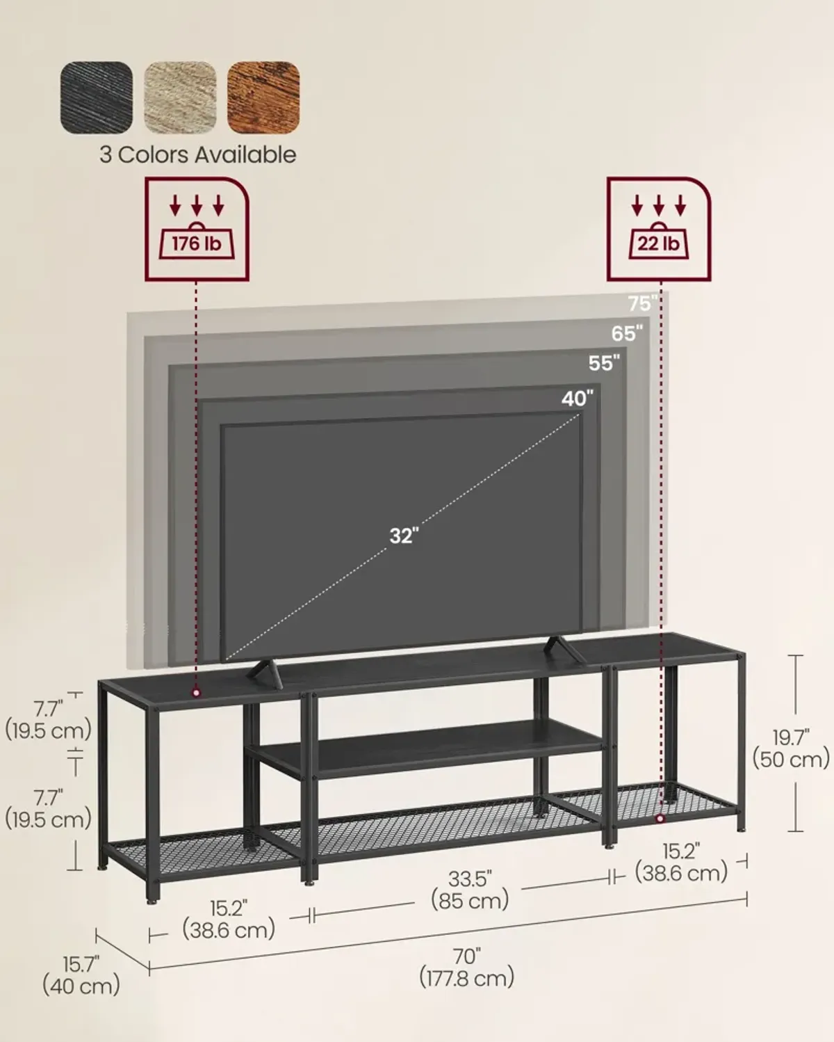 3-Tier TV Stand with Open Storage Shelves