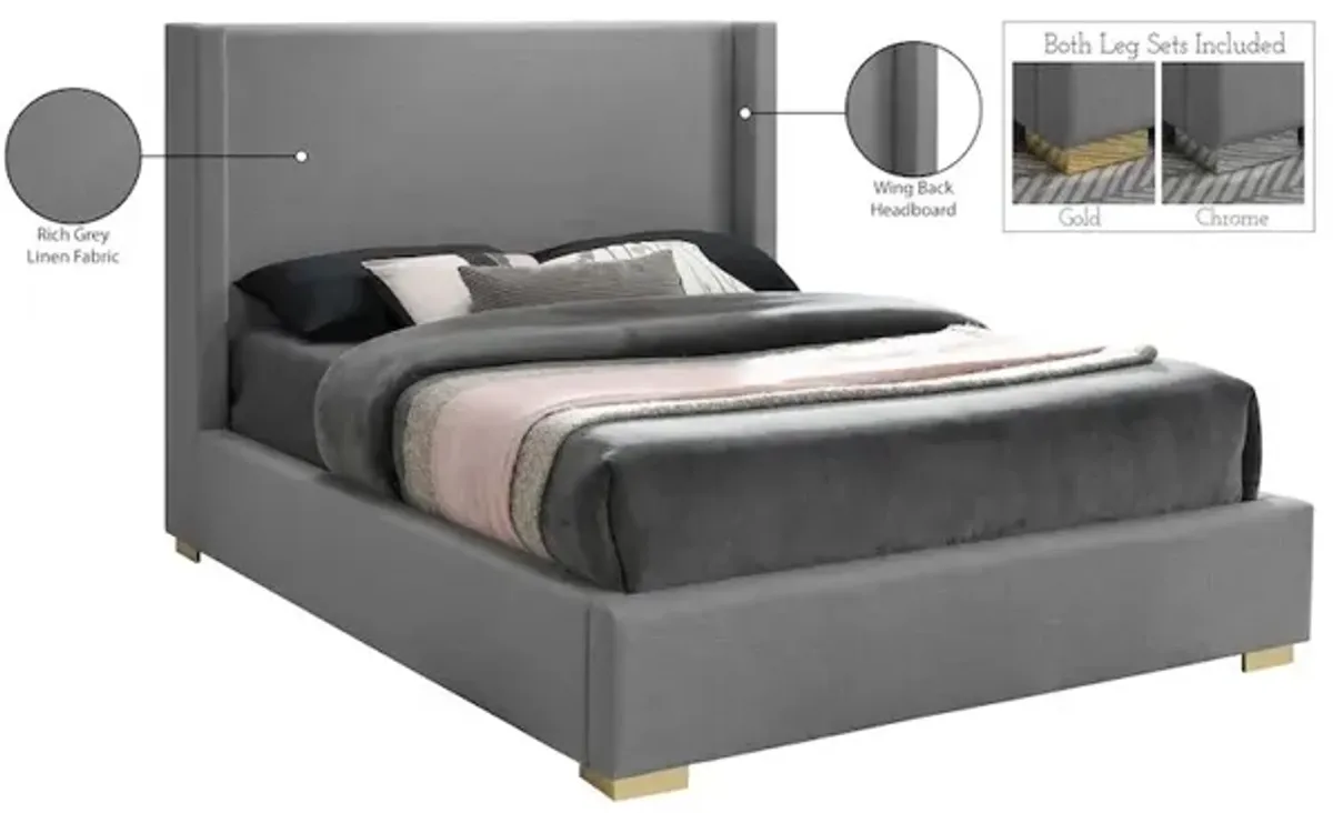Meridian Furniture Royce Grey Linen Textured Fabric Queen Bed