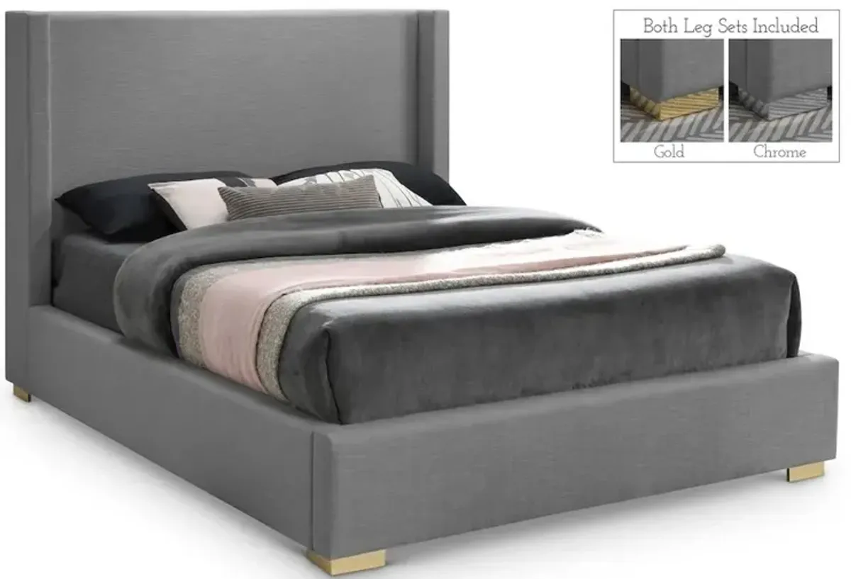 Meridian Furniture Royce Grey Linen Textured Fabric Queen Bed