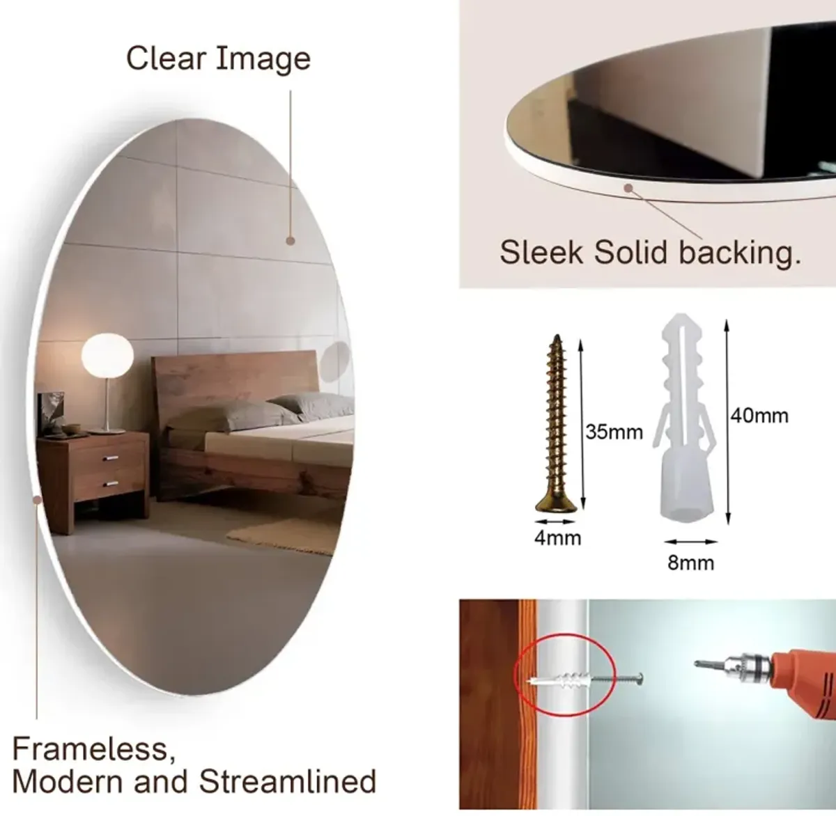 Frameless Beveled Wall Mounted Bathroom Mirror, Hd Makeup Mirror, 25 Round Mirror