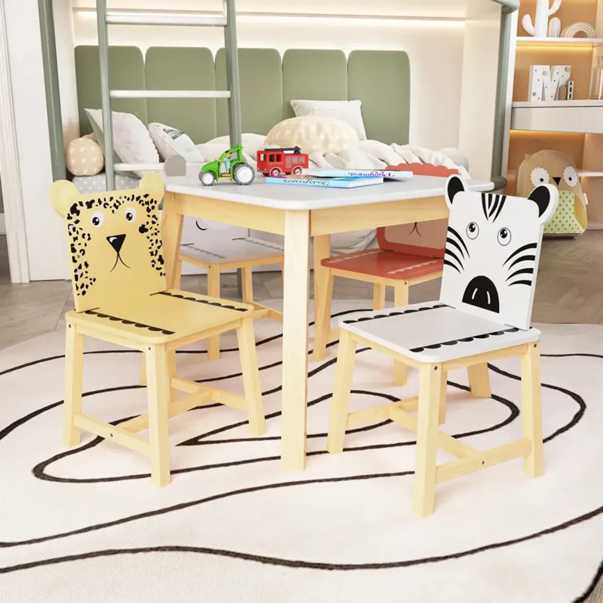 5 Piece Kiddy Table and Chair Set, Kids Wood Table with 4 Chairs Set Cartoon Animals (bigger table)（3-8 years old）