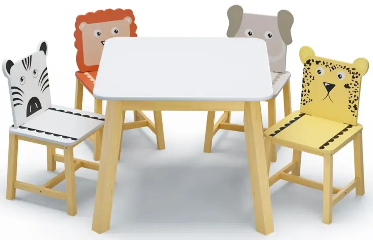 5 Piece Kiddy Table and Chair Set, Kids Wood Table with 4 Chairs Set Cartoon Animals (bigger table)（3-8 years old）