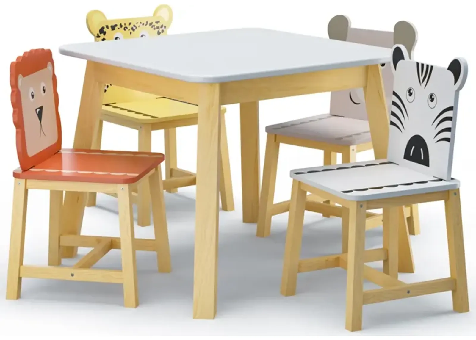 5 Piece Kiddy Table and Chair Set, Kids Wood Table with 4 Chairs Set Cartoon Animals (bigger table)（3-8 years old）