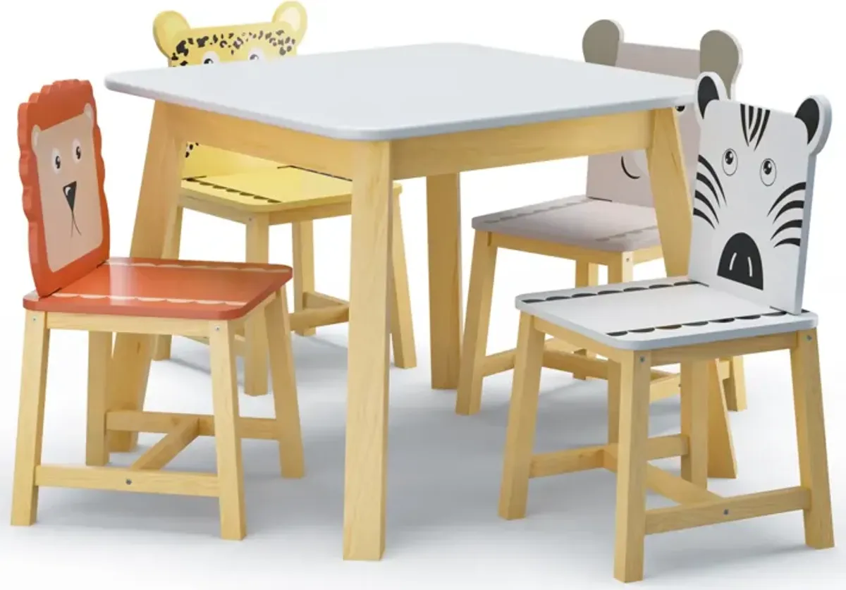 5 Piece Kiddy Table and Chair Set, Kids Wood Table with 4 Chairs Set Cartoon Animals (bigger table)（3-8 years old）