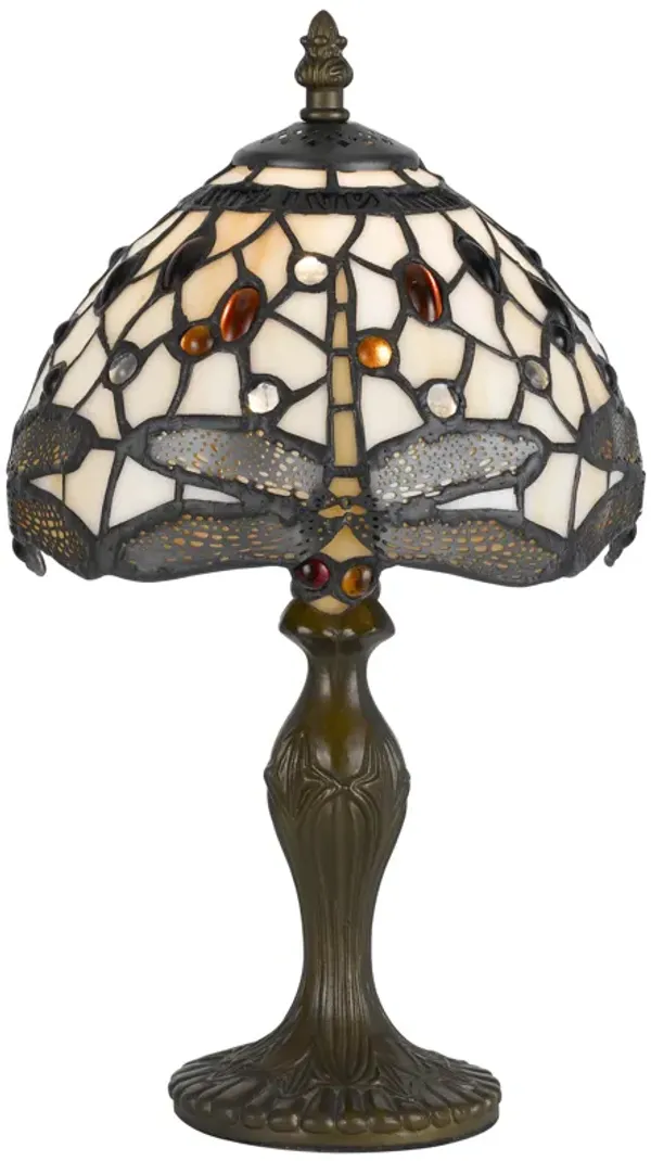 Metal Body Tiffany Table Lamp with Dragonfly Design Shade, Multicolor - Benzara