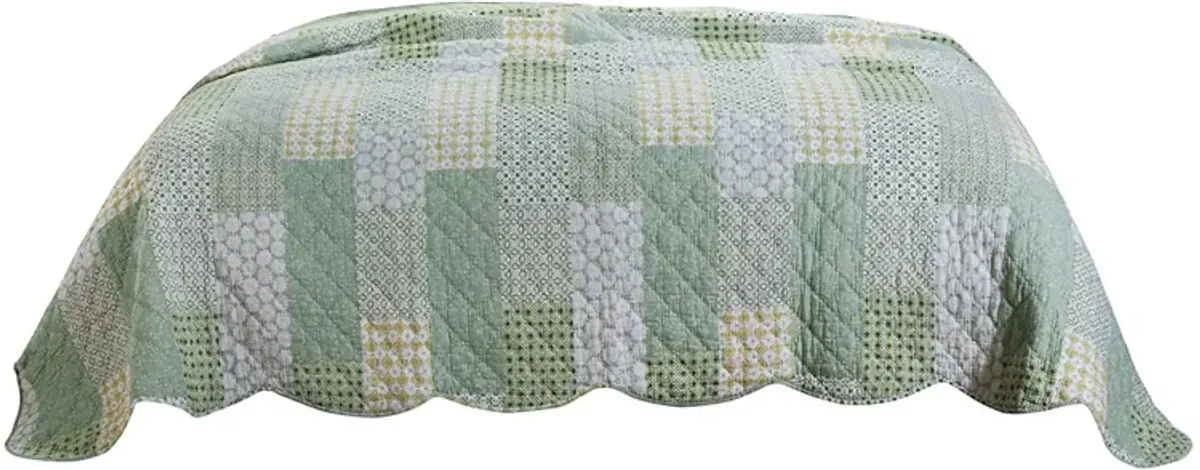 Reversible Fabric Queen Size Quilt Set with Geometric Pattern Motifs,Green - Benzara