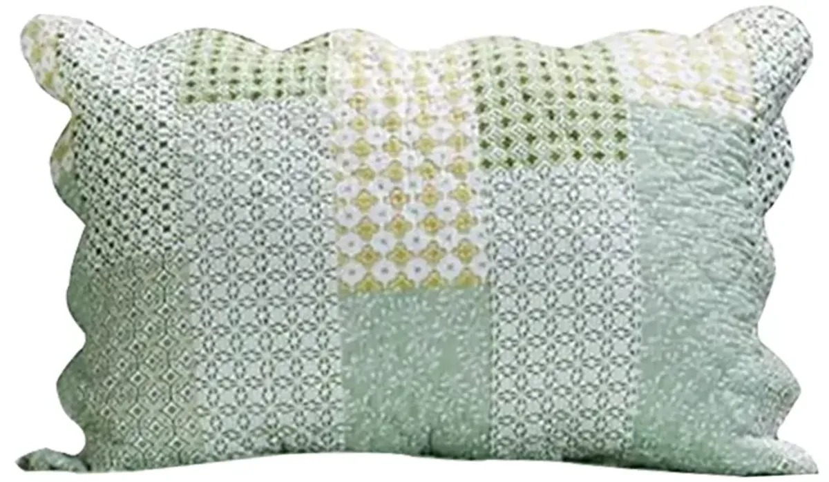 Reversible Fabric Queen Size Quilt Set with Geometric Pattern Motifs,Green - Benzara