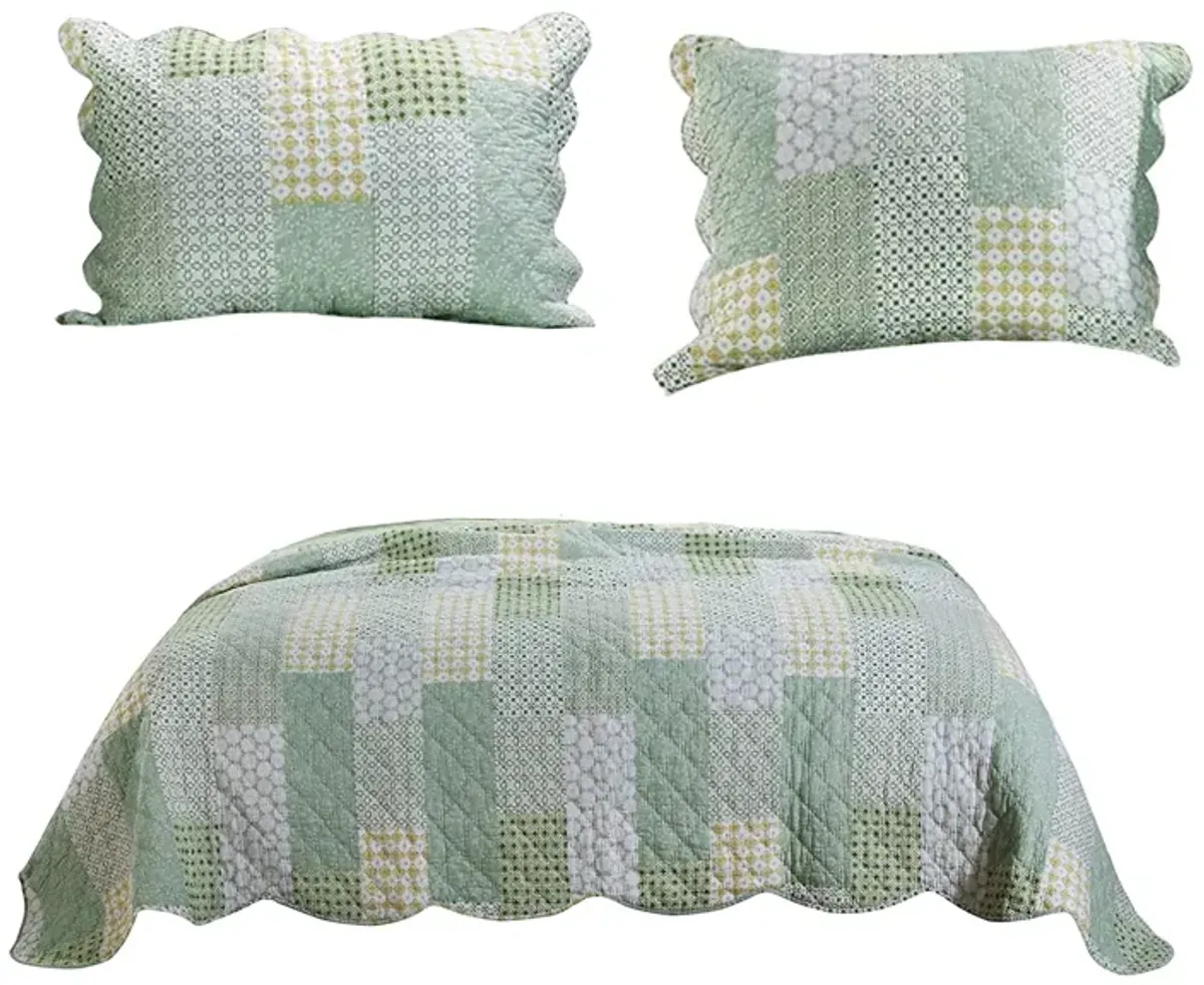 Reversible Fabric Queen Size Quilt Set with Geometric Pattern Motifs,Green - Benzara