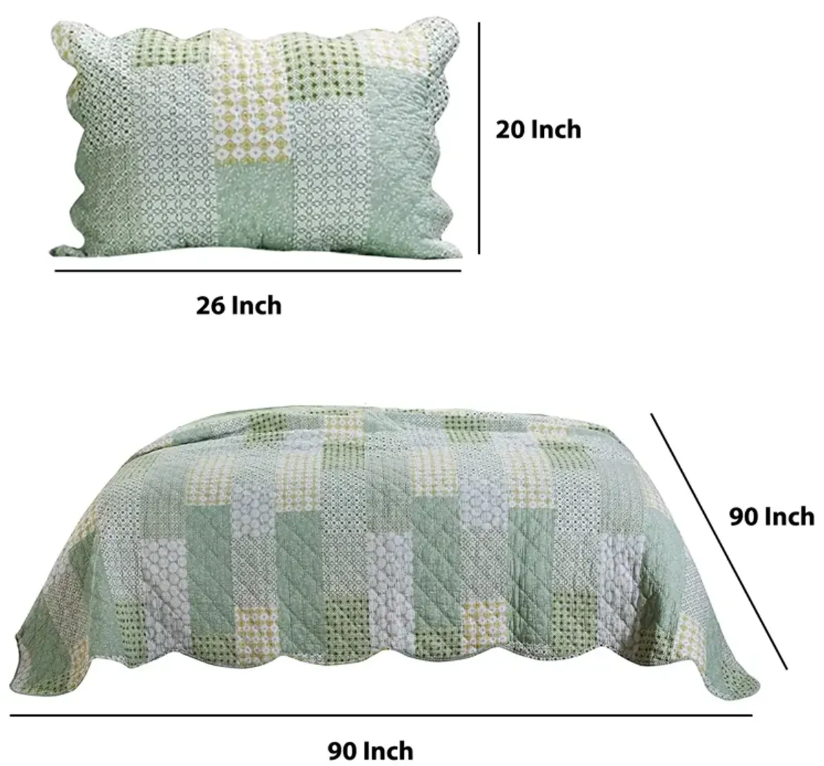 Reversible Fabric Queen Size Quilt Set with Geometric Pattern Motifs,Green - Benzara