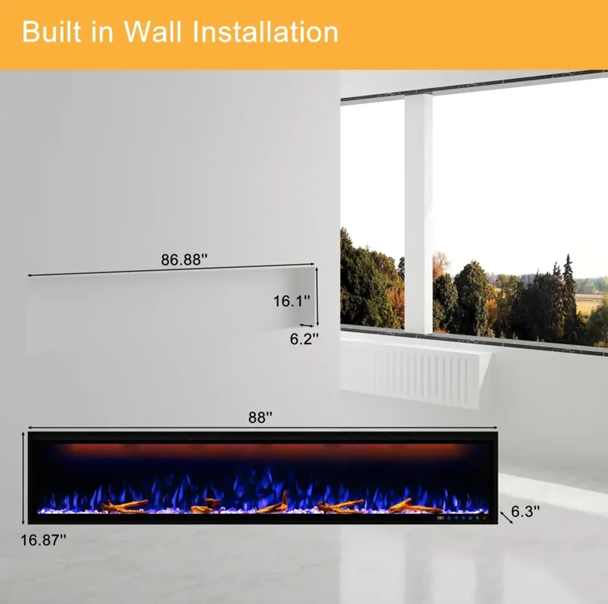 MONDAWE 88" Wall Mounted Embedded Electric Fireplace, 60Hz, 110-120 Volt, 1500W, With Overheat Protection Device