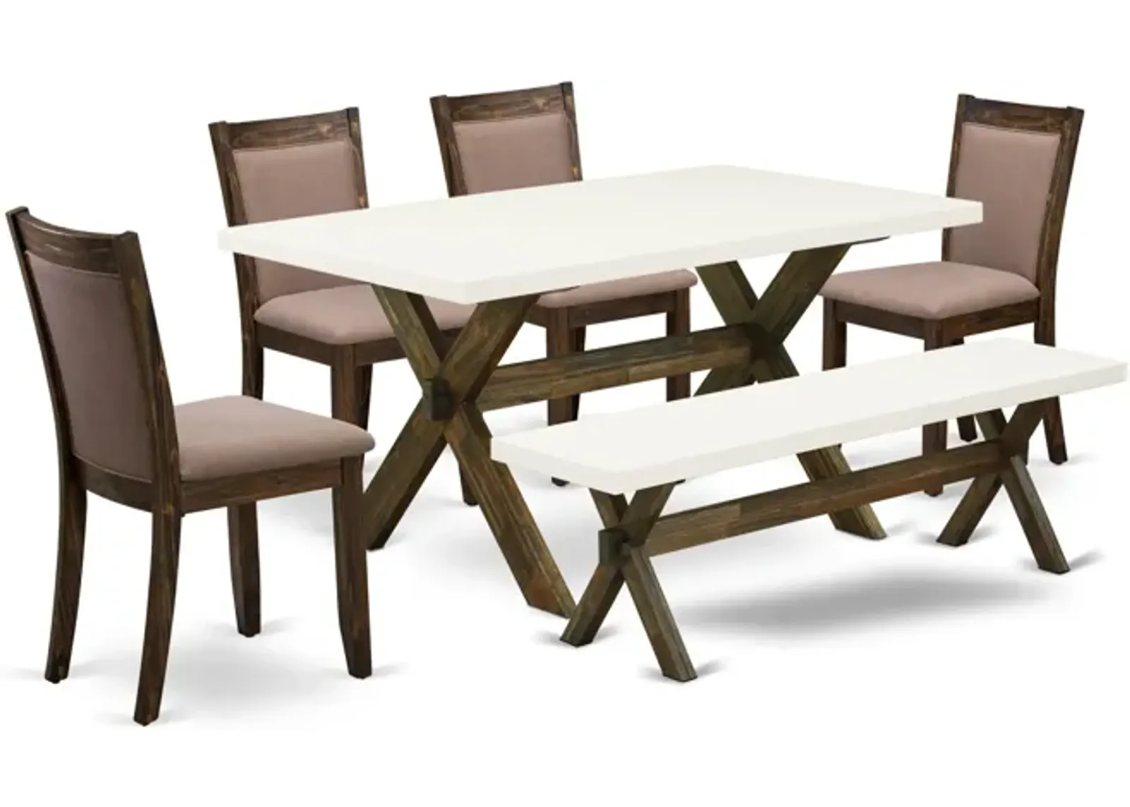 East West Furniture X726MZ748-6 6Pc Dining Set - Rectangular Table , 4 Parson Chairs and a Bench - Multi-Color Color