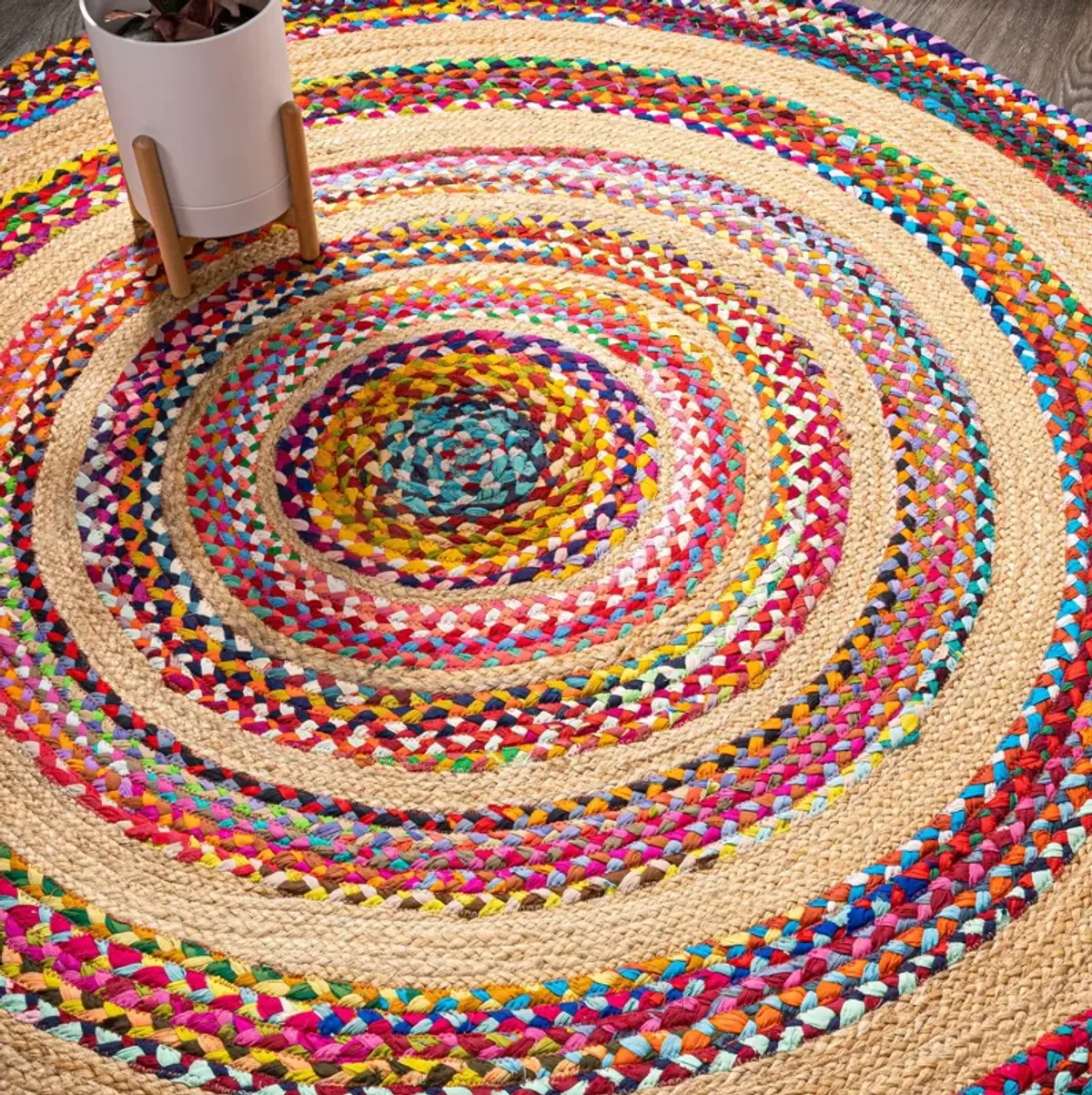 Isla Round Boho Braided Rag & Jute Multi/Natural Round Area Rug