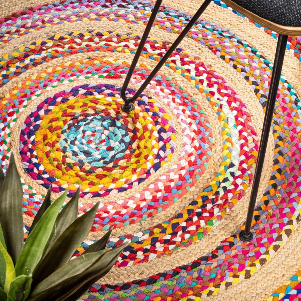 Isla Round Boho Braided Rag & Jute Multi/Natural Round Area Rug