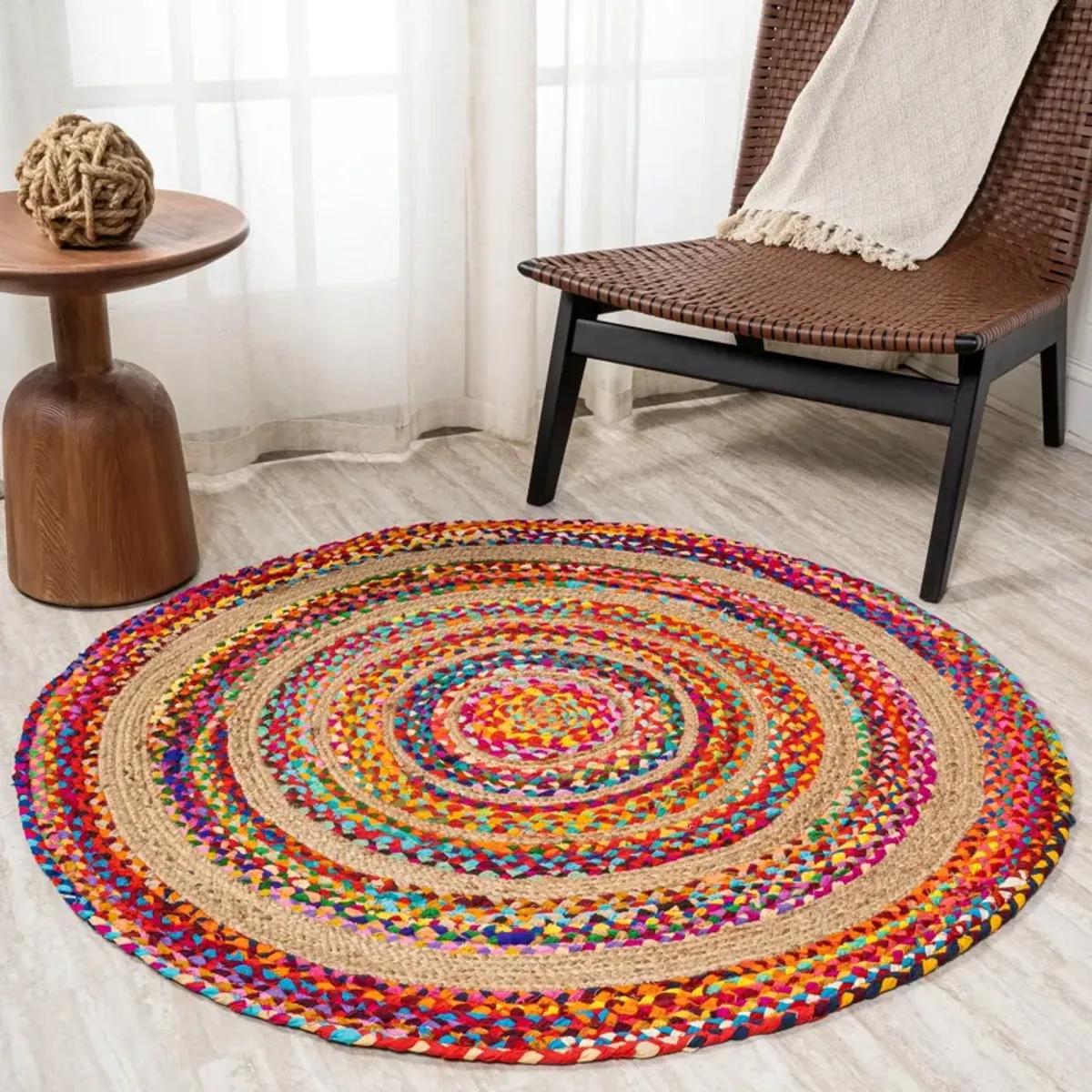 Isla Round Boho Braided Rag & Jute Multi/Natural Round Area Rug