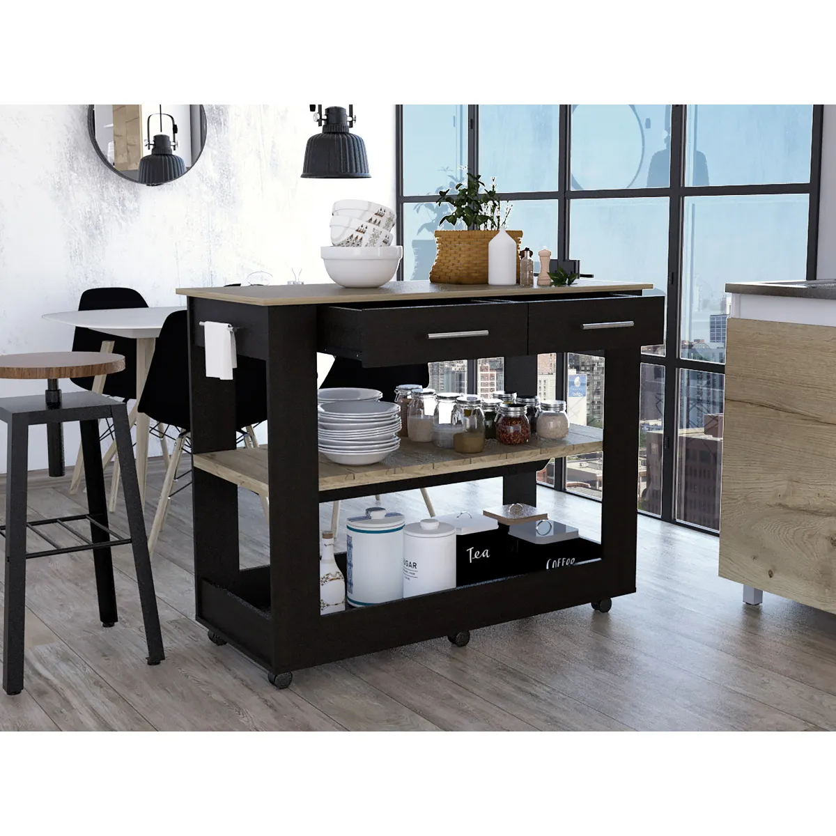 Rockaway 2-Drawer 2-Shelf Kitchen Island Black Wengue and Light Oak