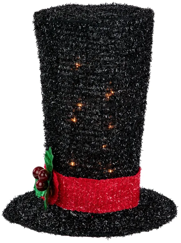 9.25" Lighted Black Tinsel Top Hat Christmas Tree Topper  Clear Lights