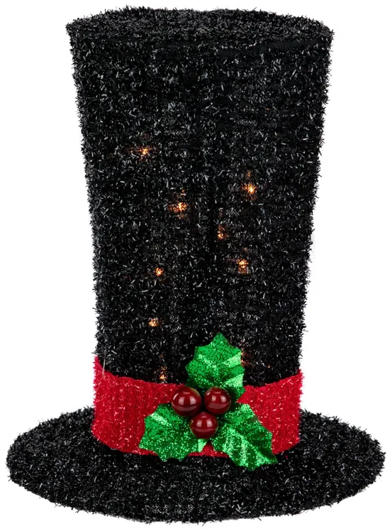 9.25" Lighted Black Tinsel Top Hat Christmas Tree Topper  Clear Lights