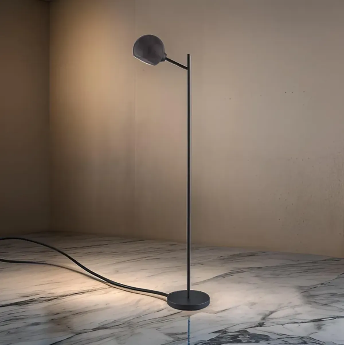 Bane 63 Inch Floor Lamp, Retro Smokey Black Glass Shade, Round Metal Base - Benzara