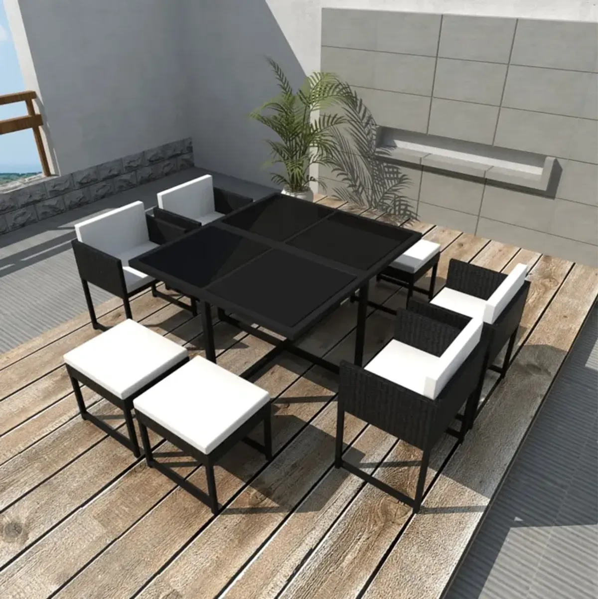 vidaXL 9 Piece Outdoor Dining Set with Cushions Poly Rattan Black