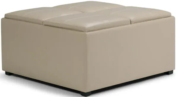 Avalon 35 inch Wide Contemporary Square Coffee Table Storage Ottoman in Satin Cream Vegan Faux Leather, Assembled