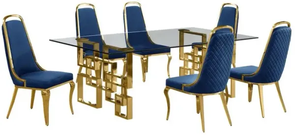 7-piece glam dining set with 6 Navy blue chairs and one 95" glass dining table