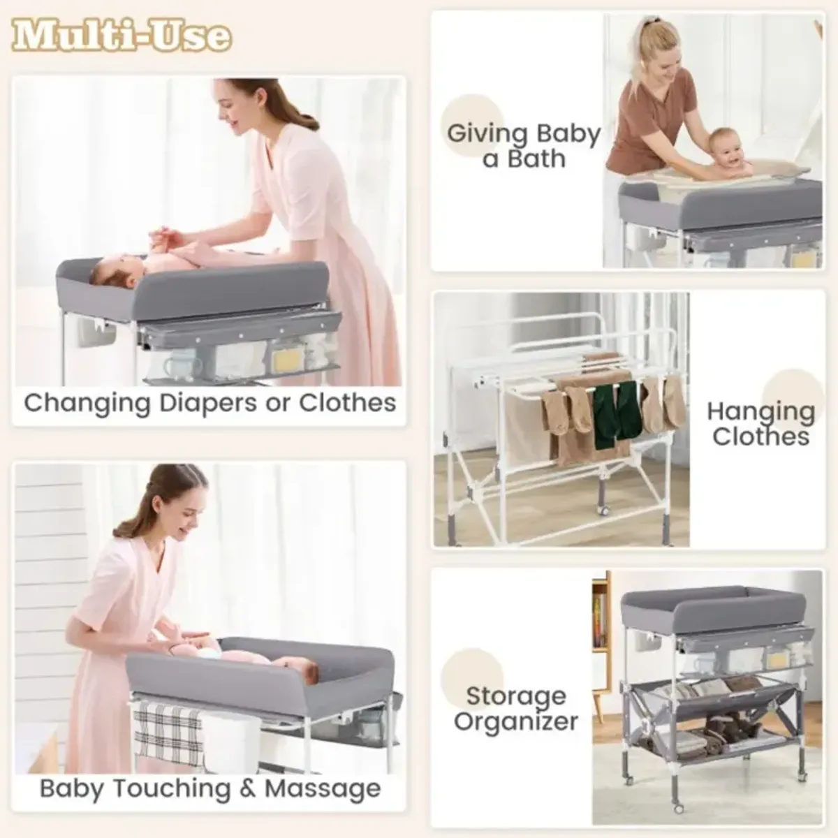 Portable Baby Changing Table with Wheels and Large Storage Rack