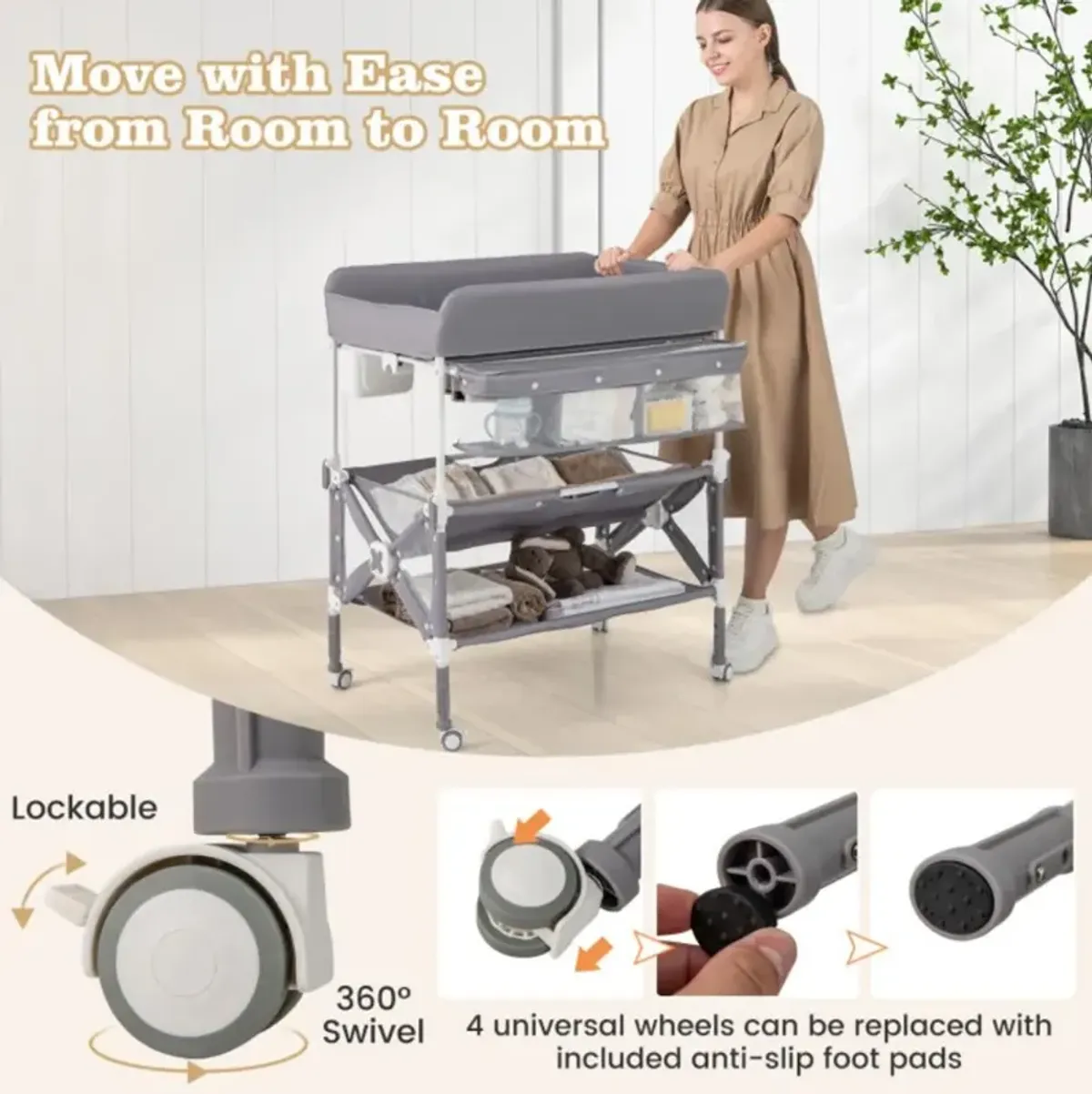 Portable Baby Changing Table with Wheels and Large Storage Rack