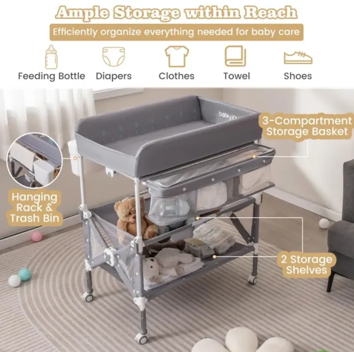 Portable Baby Changing Table with Wheels and Large Storage Rack