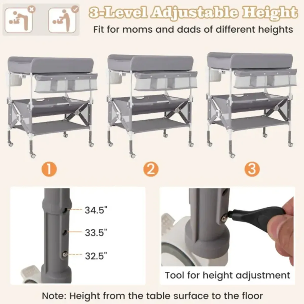 Portable Baby Changing Table with Wheels and Large Storage Rack