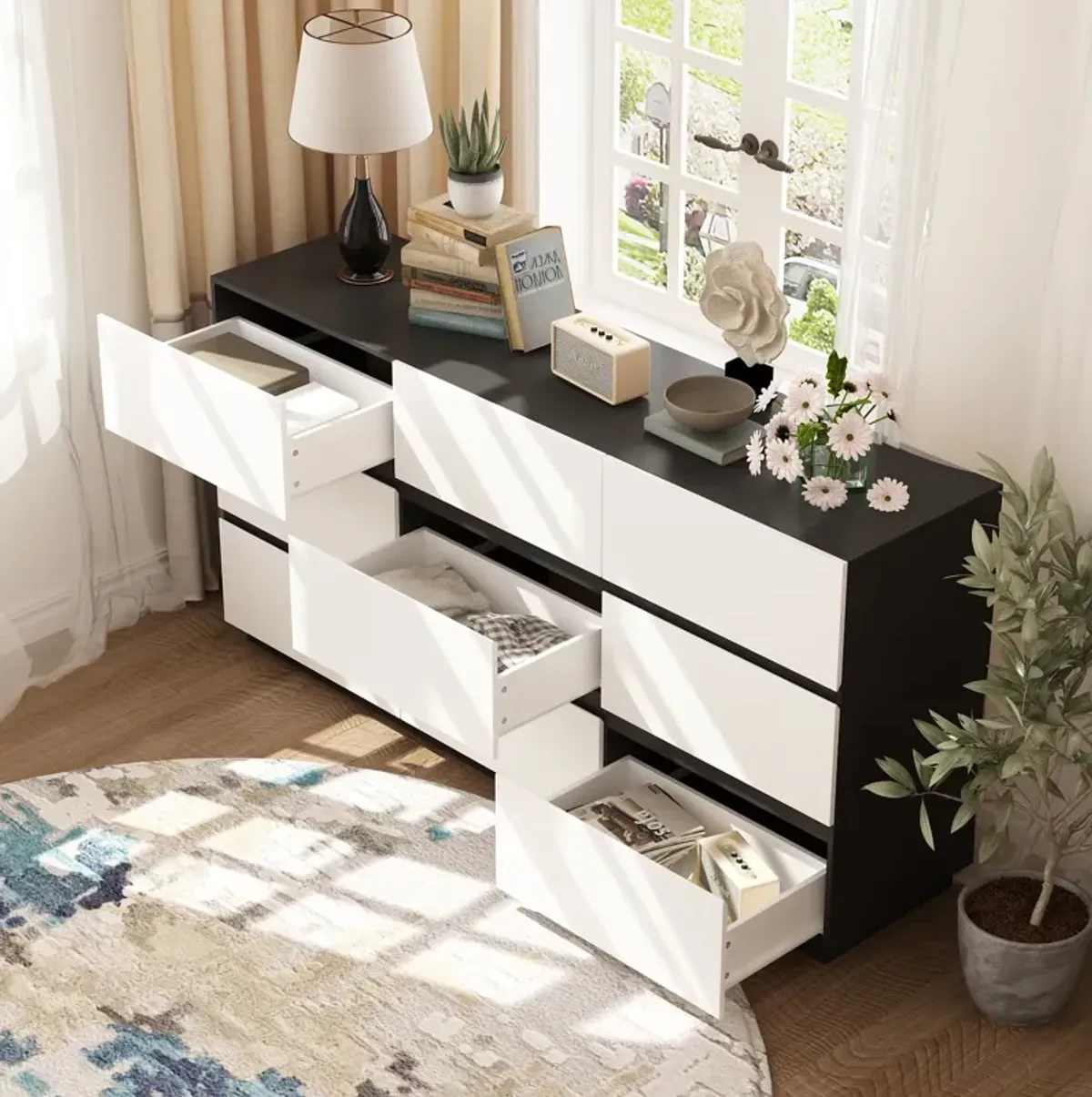 Black and White 9-Drawers 63 in. Width Wooden Chest of Drawers, Bedroom Dresser, Storage Cabinet