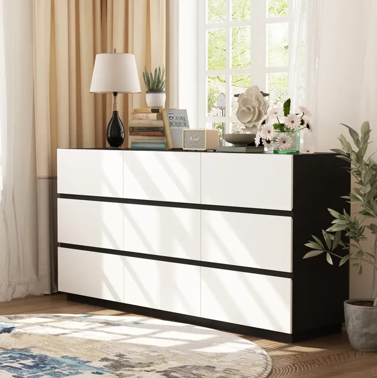 Black and White 9-Drawers 63 in. Width Wooden Chest of Drawers, Bedroom Dresser, Storage Cabinet