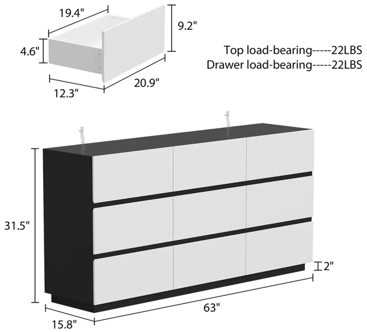 Black and White 9-Drawers 63 in. Width Wooden Chest of Drawers, Bedroom Dresser, Storage Cabinet