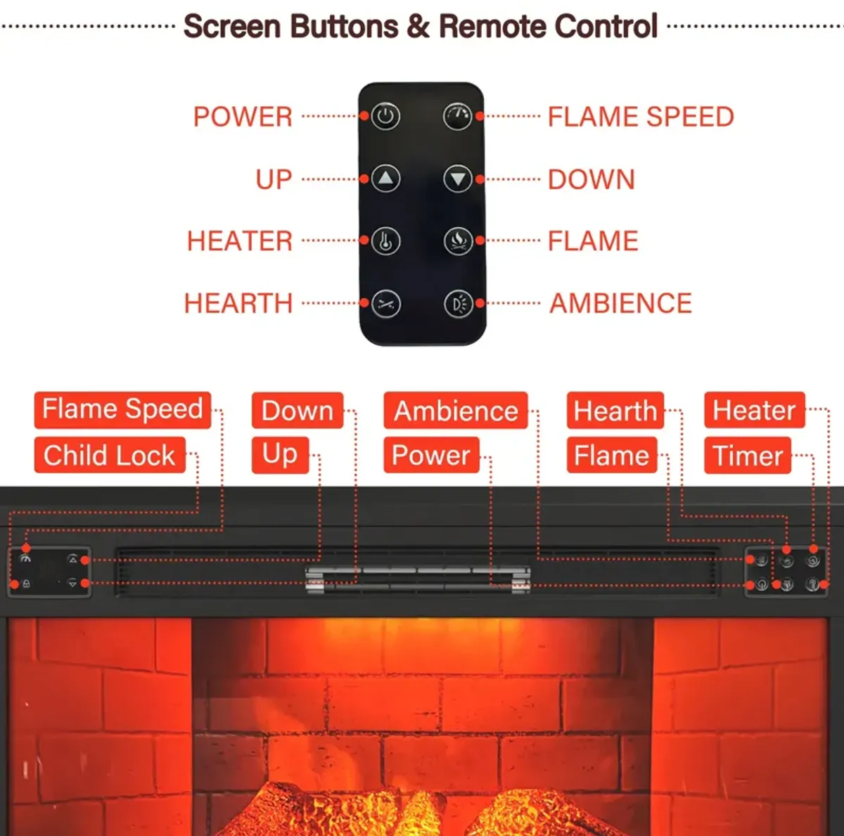 35 Inch 1500W Recessed Electric Fireplace with Multicolor Flame