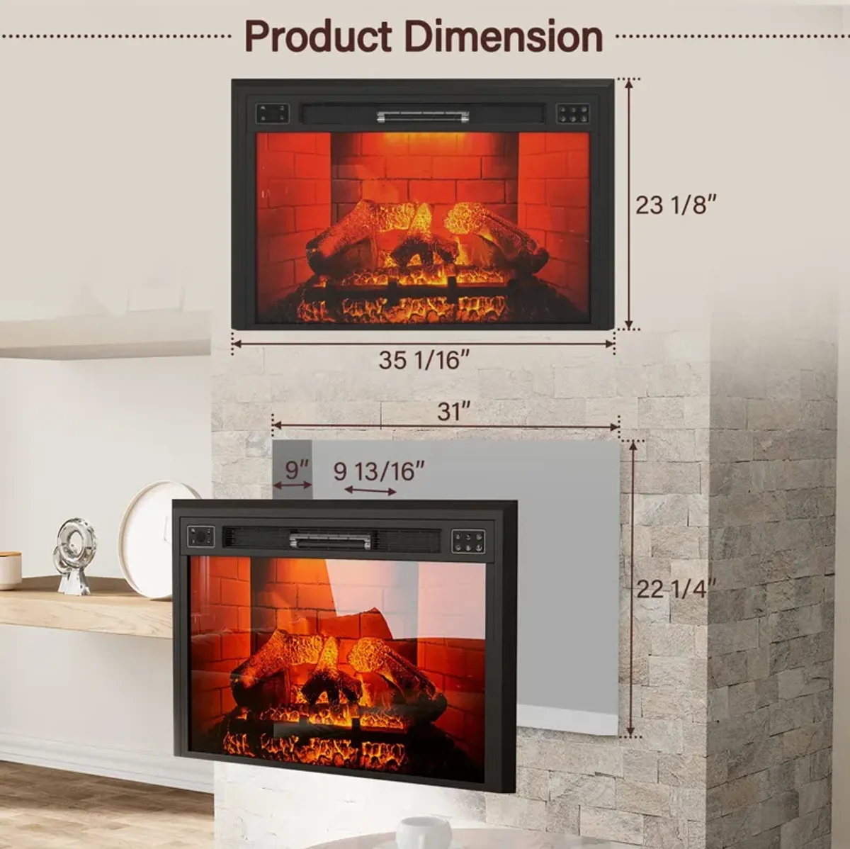 35 Inch 1500W Recessed Electric Fireplace with Multicolor Flame