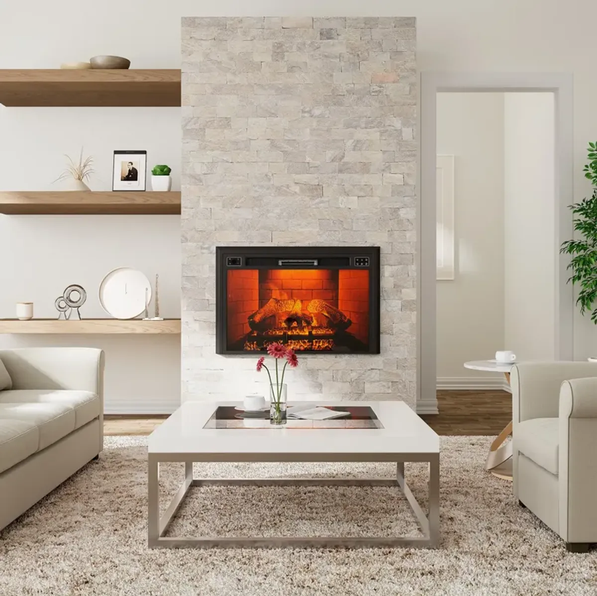 35 Inch 1500W Recessed Electric Fireplace with Multicolor Flame