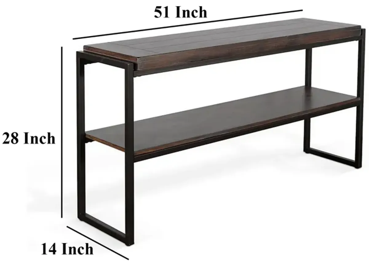 Lery Sofa Table, Dark Brown Wood, Black Metal, Bottom Shelf, 51 Inch - Benzara