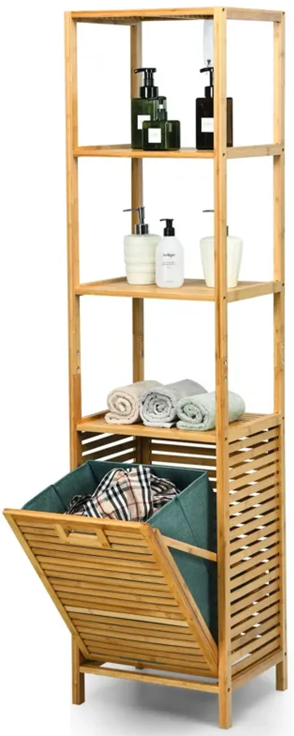 Bamboo Tower Hamper Organizer with 3-Tier Storage Shelves