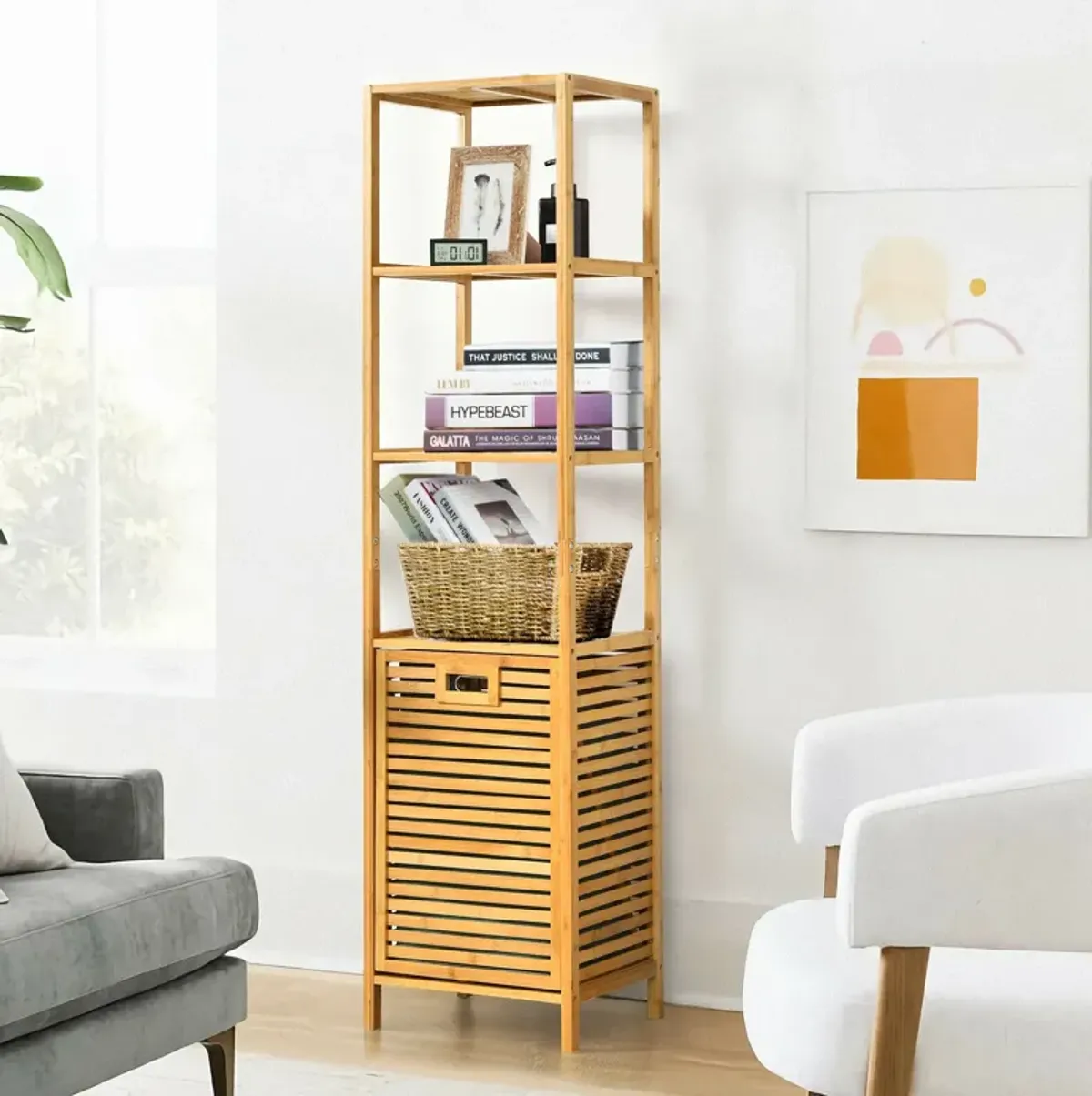 Bamboo Tower Hamper Organizer with 3-Tier Storage Shelves