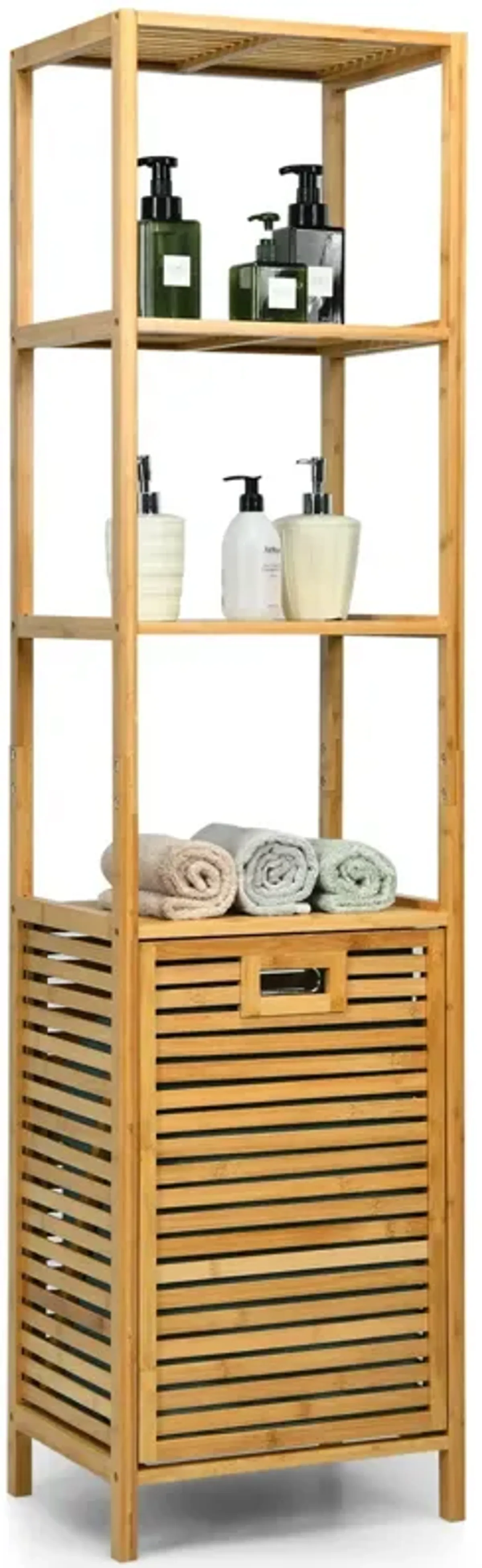 Bamboo Tower Hamper Organizer with 3-Tier Storage Shelves