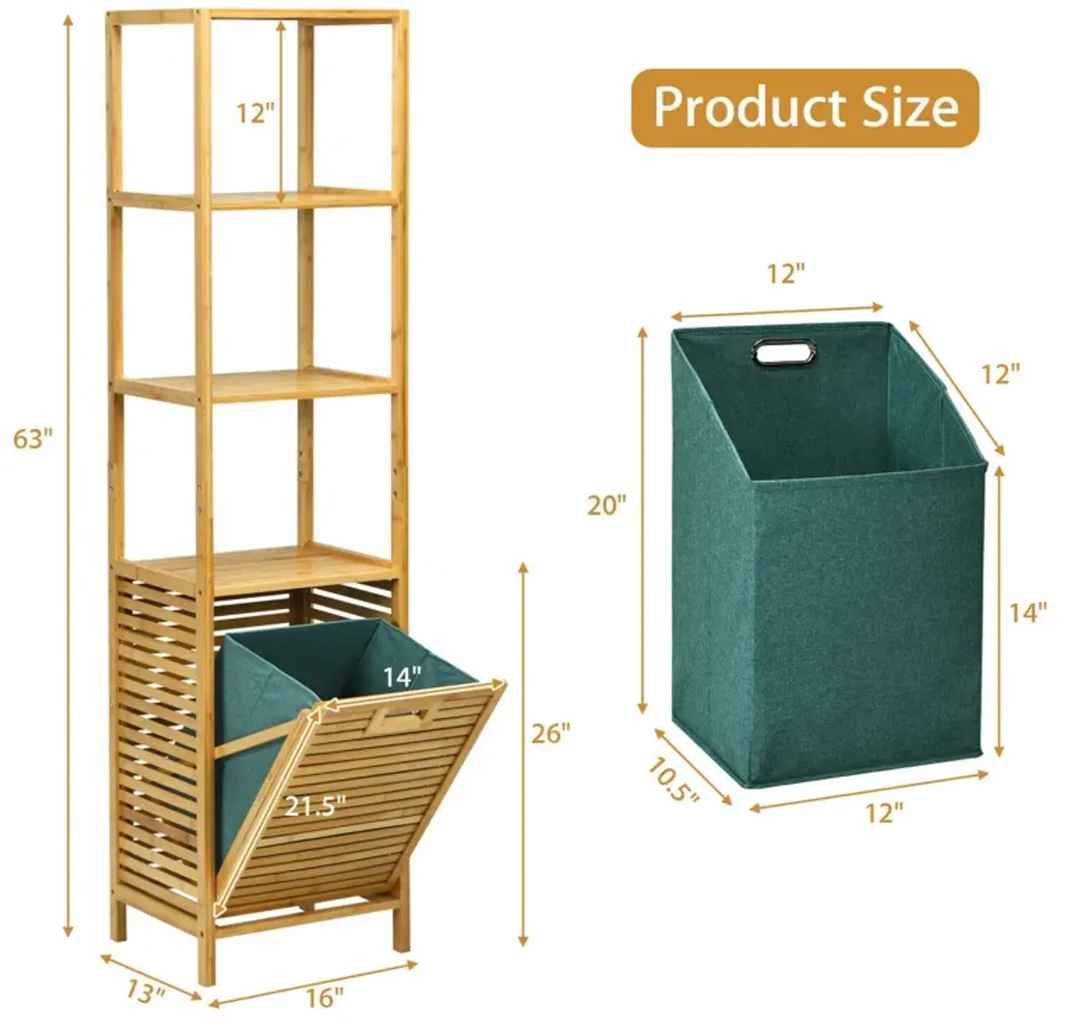 Bamboo Tower Hamper Organizer with 3-Tier Storage Shelves